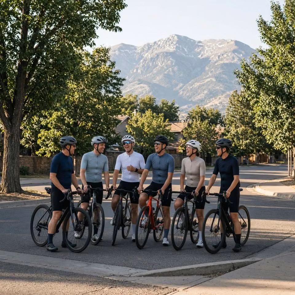 A social group of road cyclists paused together, mountains behind them.