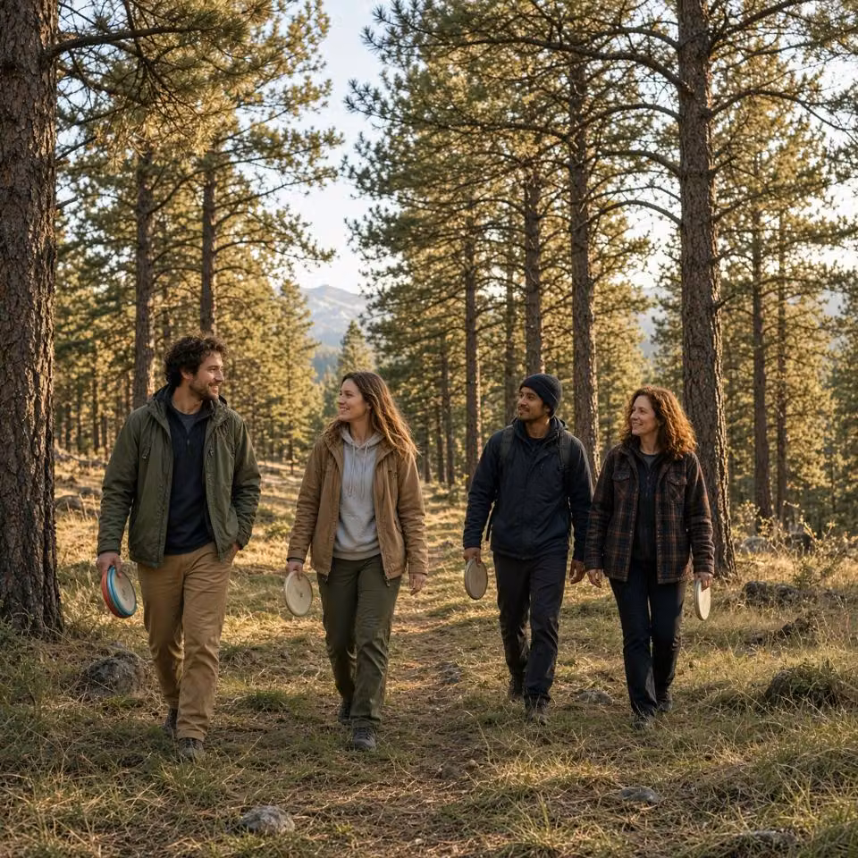 A casual group walking a pine-lined disc golf fairway.