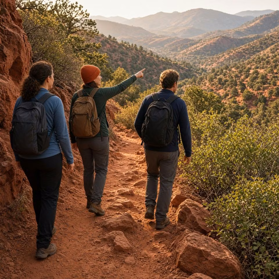 Three hikers walking a sandstone trail together.
