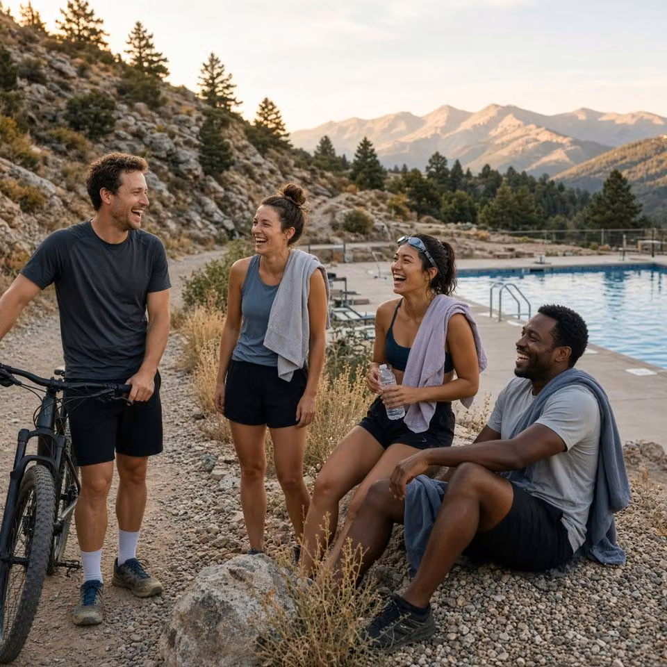 A small group cooling down together after training, bikes and a pool nearby.