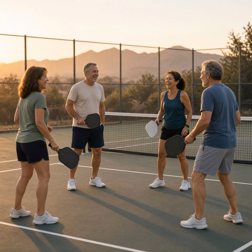 Friends playing pickleball together on outdoor courts in warm evening light.
