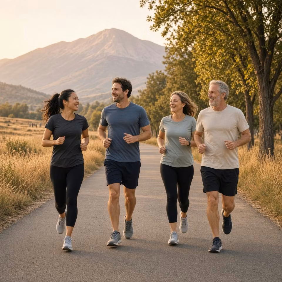 A small group of adults running together on a wide city path, with a mountain on the horizon.