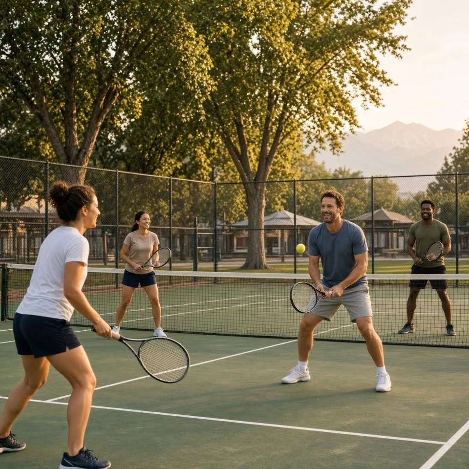 Four adults hitting tennis together on outdoor park courts.