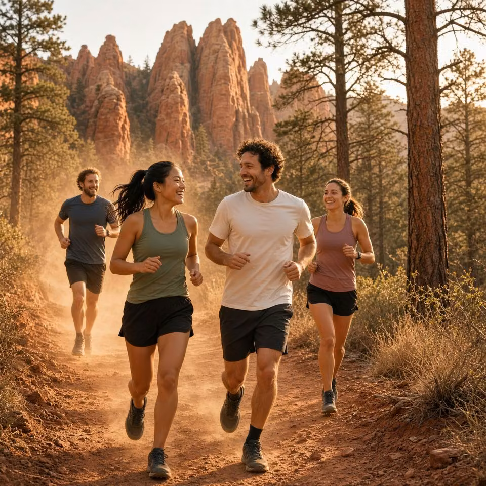 Friends running a red-rock trail among pines.